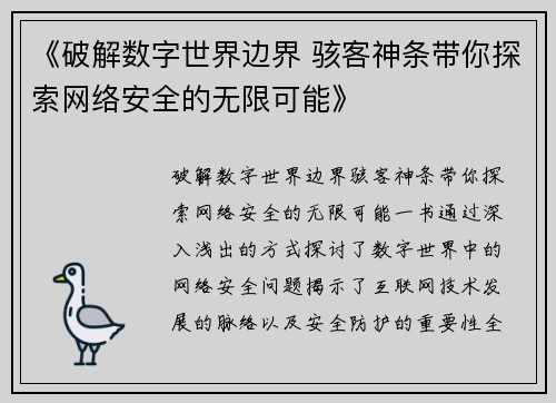 《破解数字世界边界 骇客神条带你探索网络安全的无限可能》
