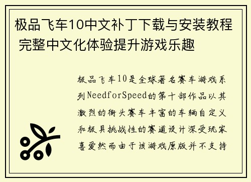 极品飞车10中文补丁下载与安装教程 完整中文化体验提升游戏乐趣
