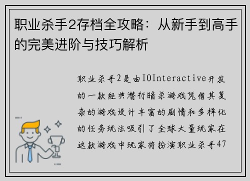 职业杀手2存档全攻略：从新手到高手的完美进阶与技巧解析